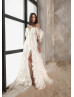 Ivory 3D Flowers Lace Tulle Slit Fairy Wedding Dress